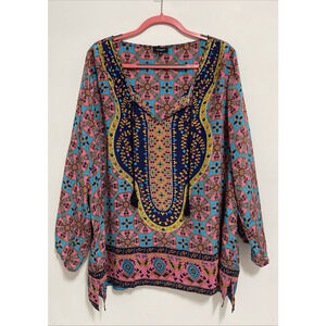 Tolani 100% Silk Top Womens 2X Sanaya Morocco Tunic Pink Blue Boho Tassels New